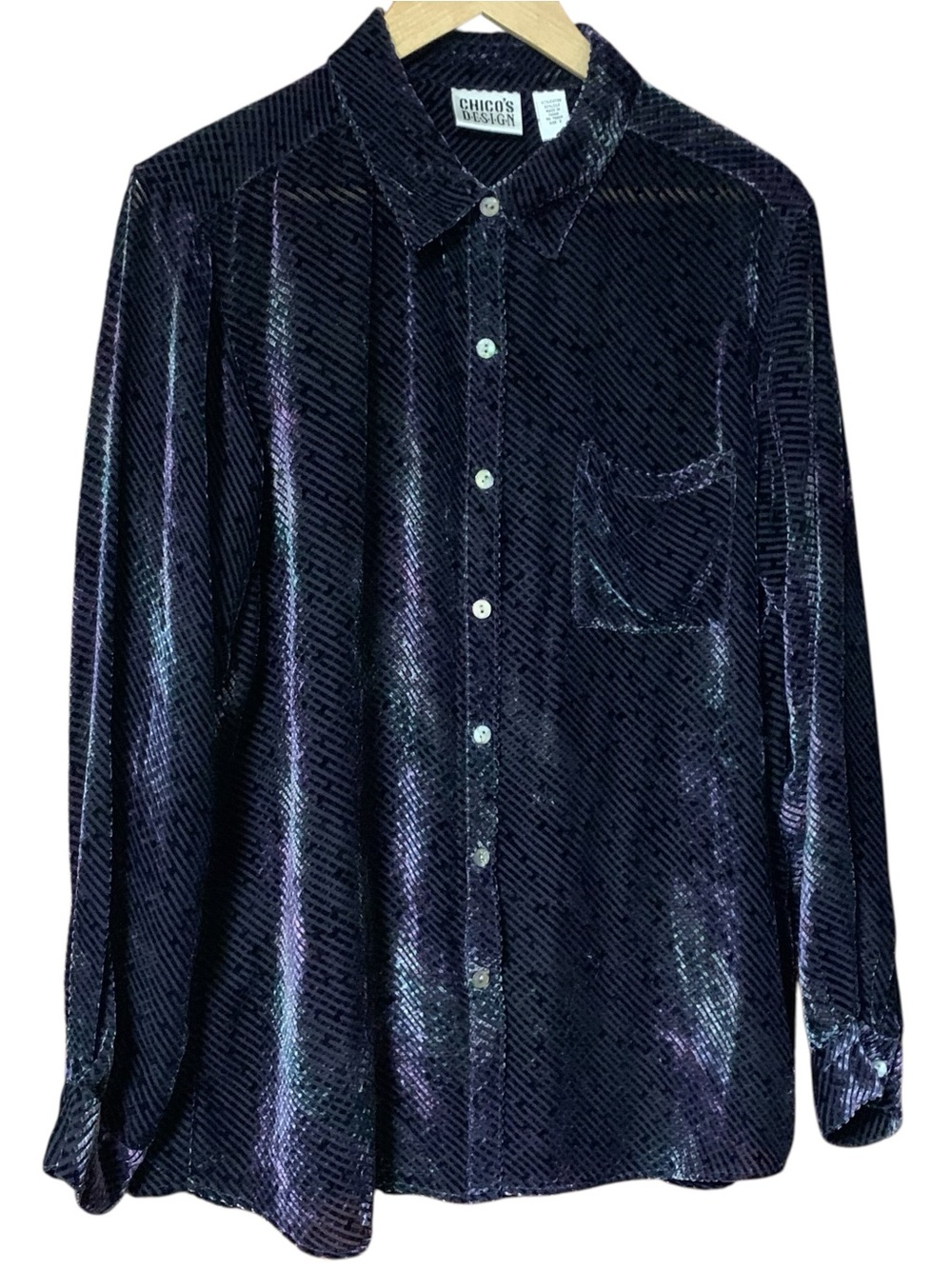 Chicos Size 2 Velvet Burnout Blouse Long sleeve L Shimmer